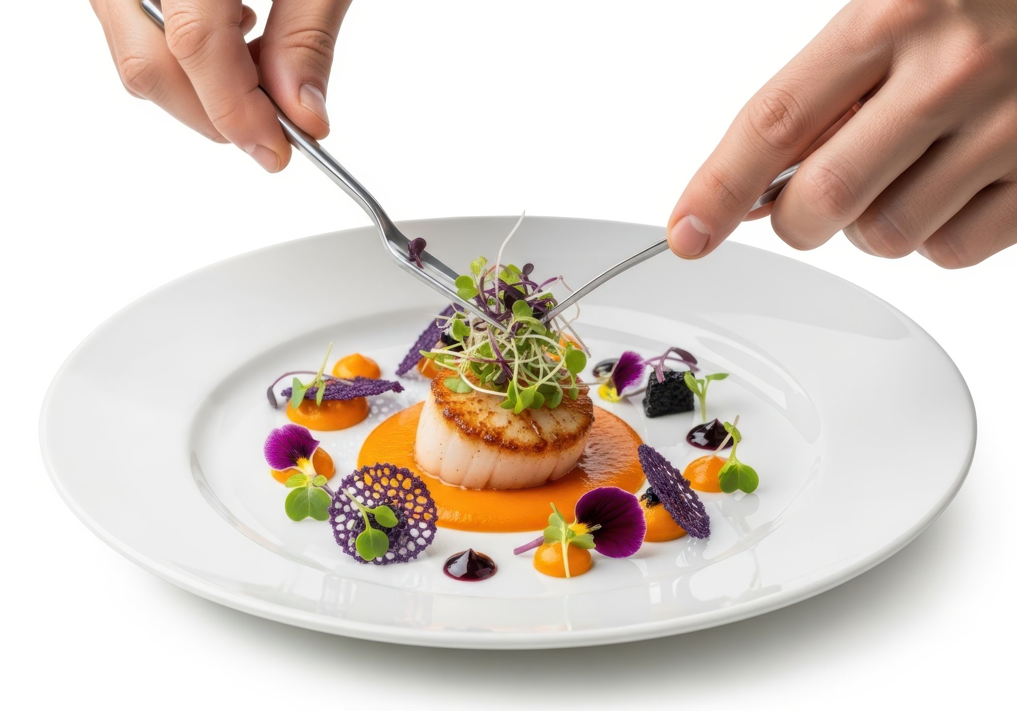 Chef preparing plated gourmet dish in elegant kitchen